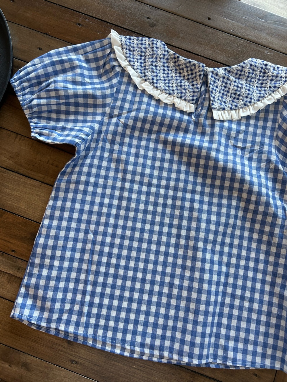 VOY Boutique Blue Gingham Checkered Collared Puff Sleeve Blouse S - Picture 7 of 8